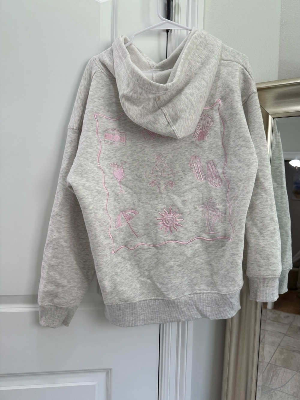 Ocean Drive Light Gray Hoodie with Pink Embroidered Motifs